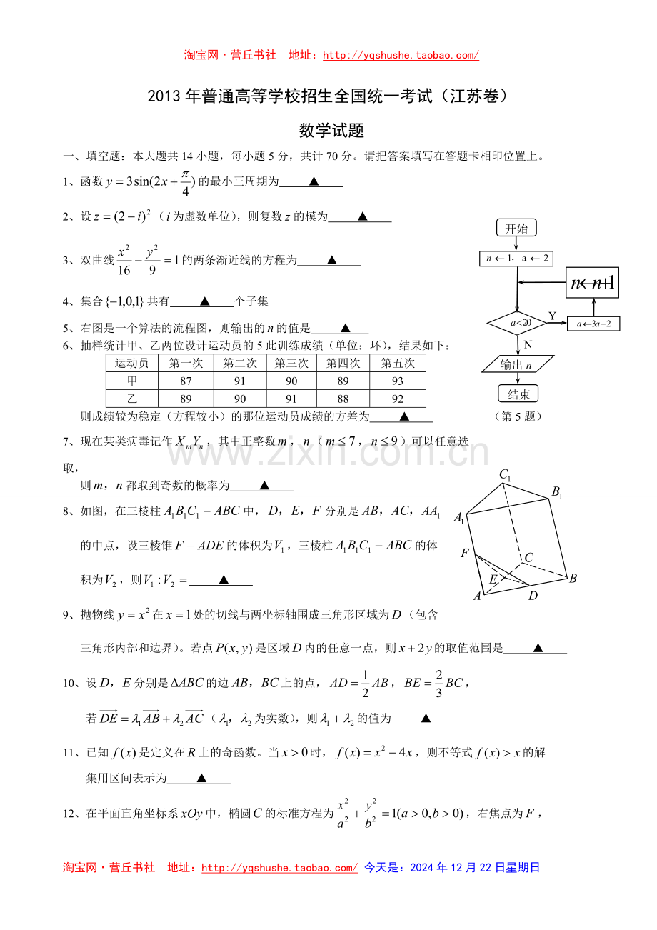 2013年高考数学真题——江苏卷(学生版)有附加题.doc_第1页