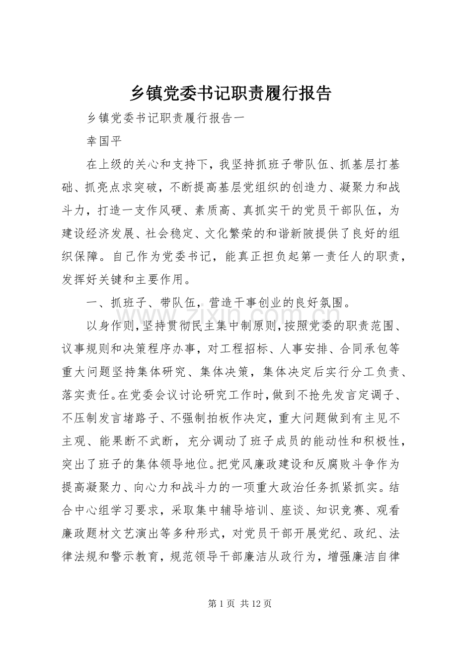 乡镇党委书记职责要求履行报告.docx_第1页