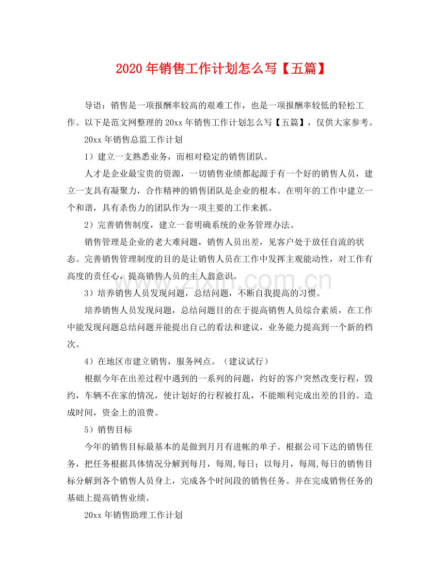 2020年销售工作计划怎么写【五篇】 .docx_第1页