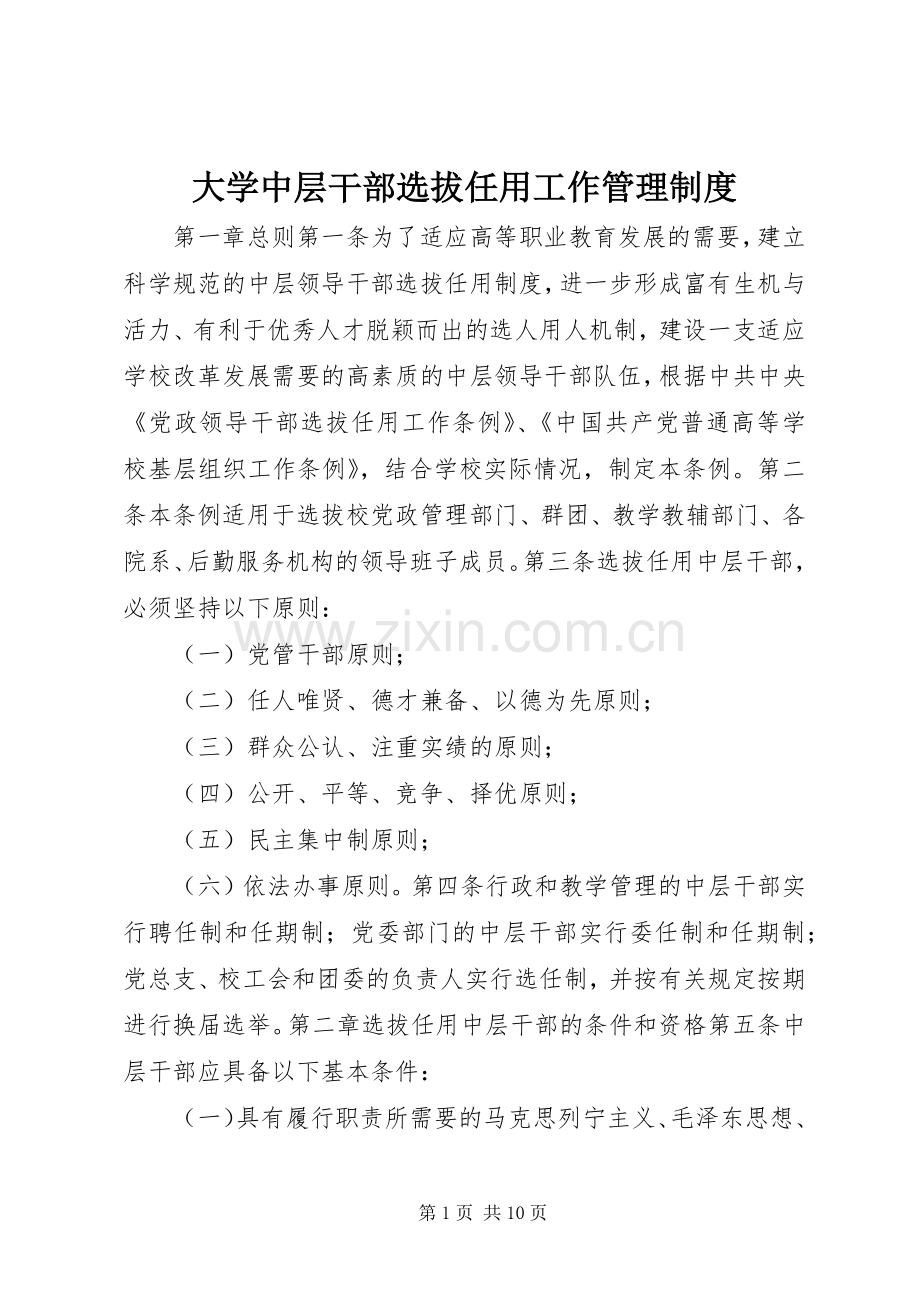 大学中层干部选拔任用工作管理规章制度.docx_第1页