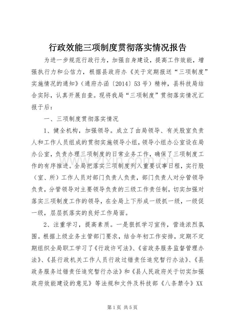 行政效能三项规章制度贯彻落实情况报告.docx_第1页