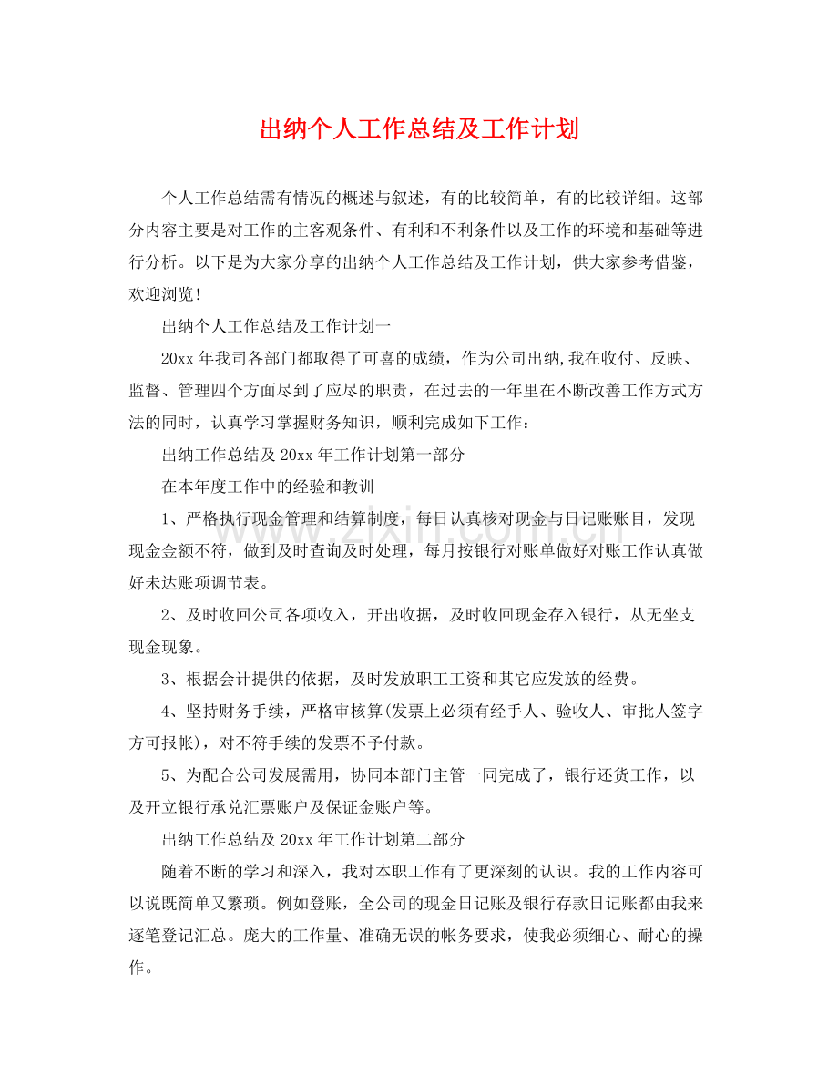 出纳个人工作总结及工作计划 .docx_第1页