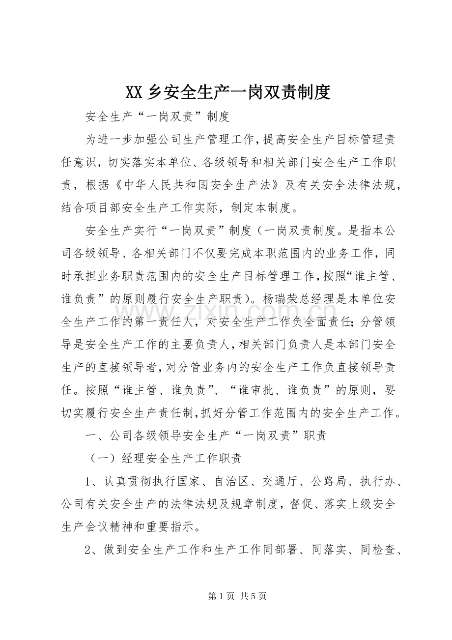 乡安全生产一岗双责规章制度细则.docx_第1页