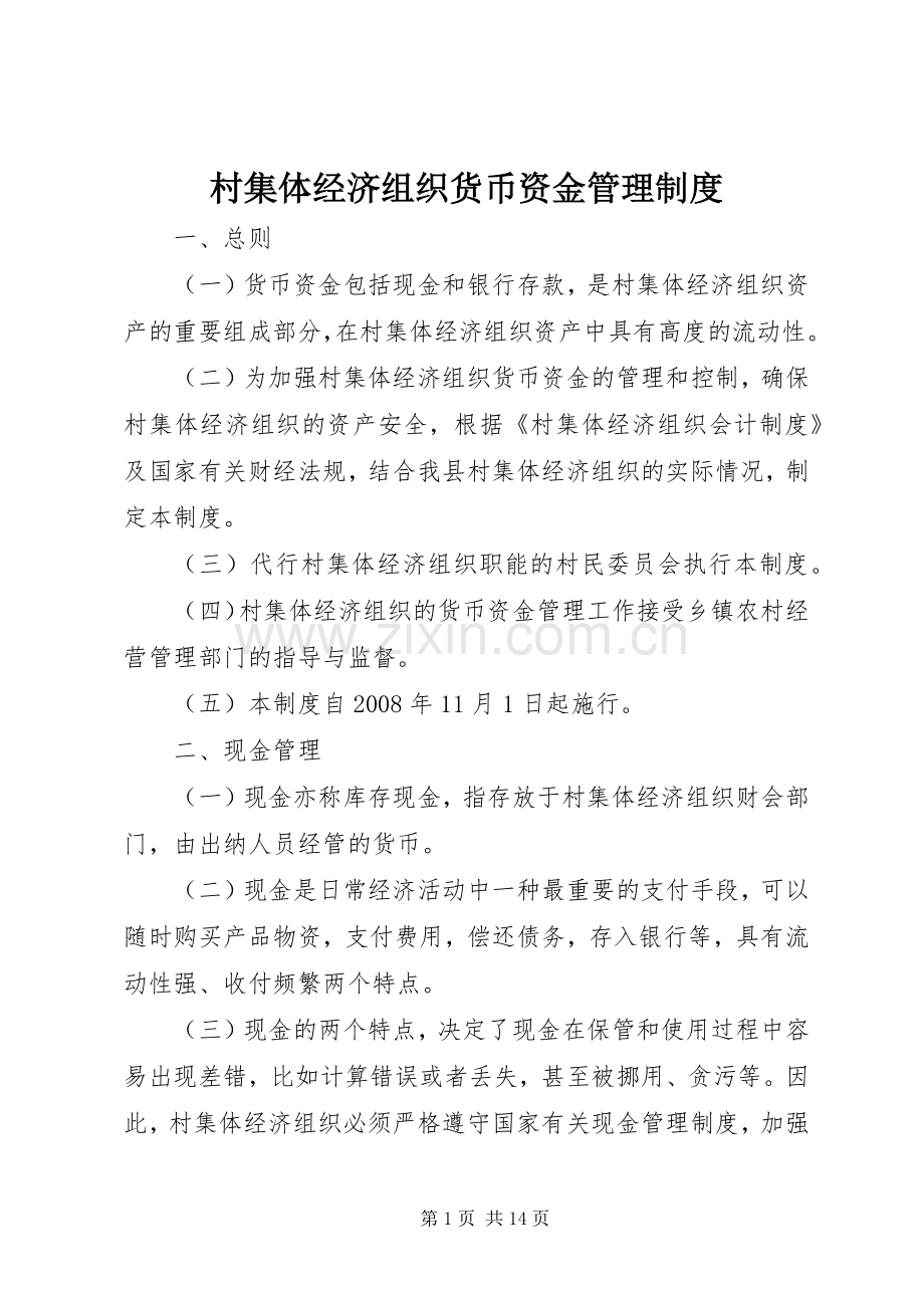 村集体经济组织货币资金管理规章制度 .docx_第1页