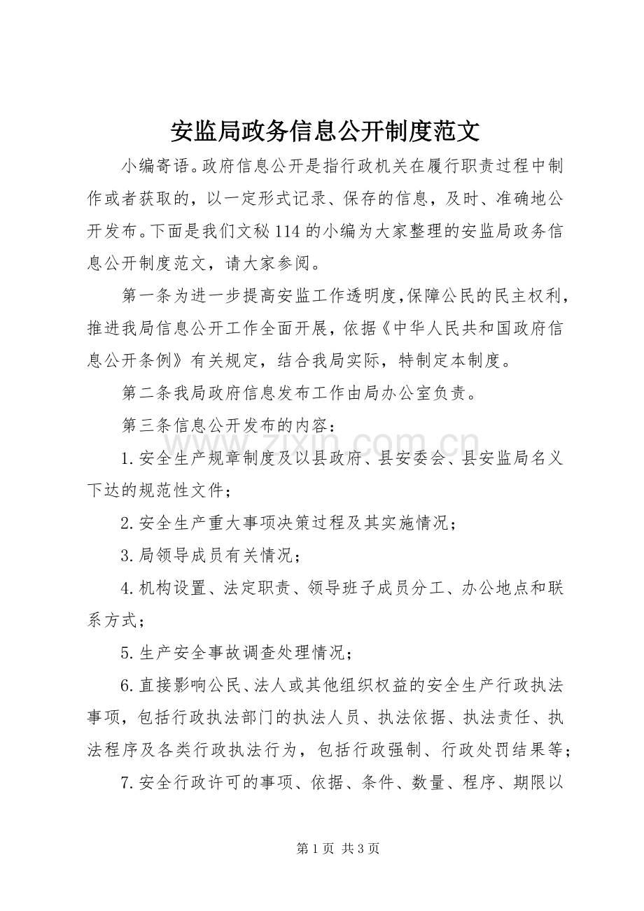 安监局政务信息公开规章制度范文.docx_第1页