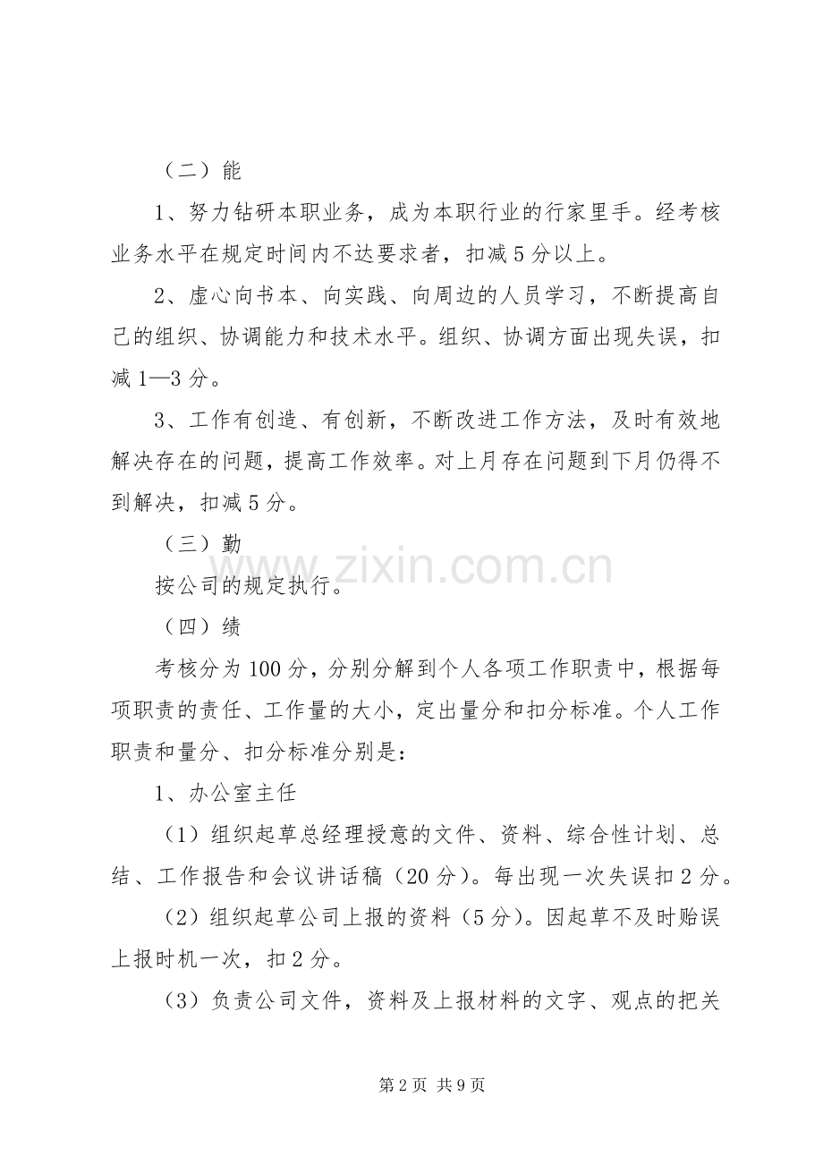 公司规章规章制度办公室人员百分考核规章制度.docx_第2页