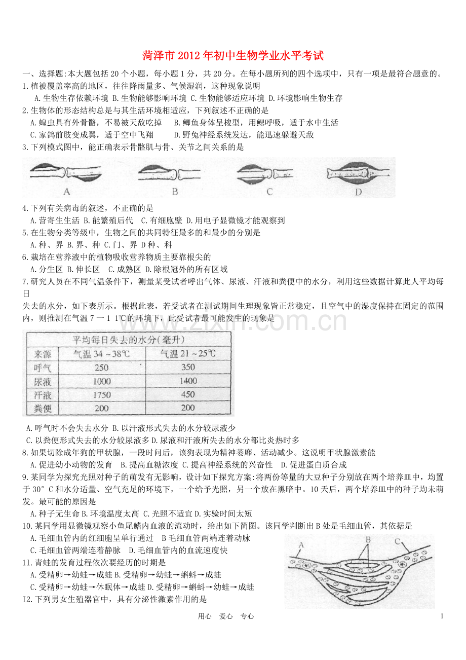 山东省菏泽市2012年中考生物真题试题.doc_第1页