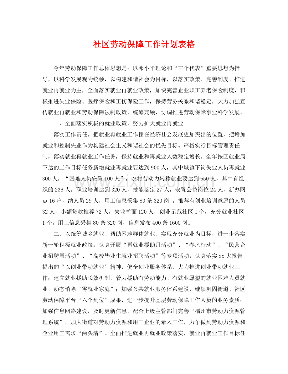 社区劳动保障工作计划表格 .docx_第1页