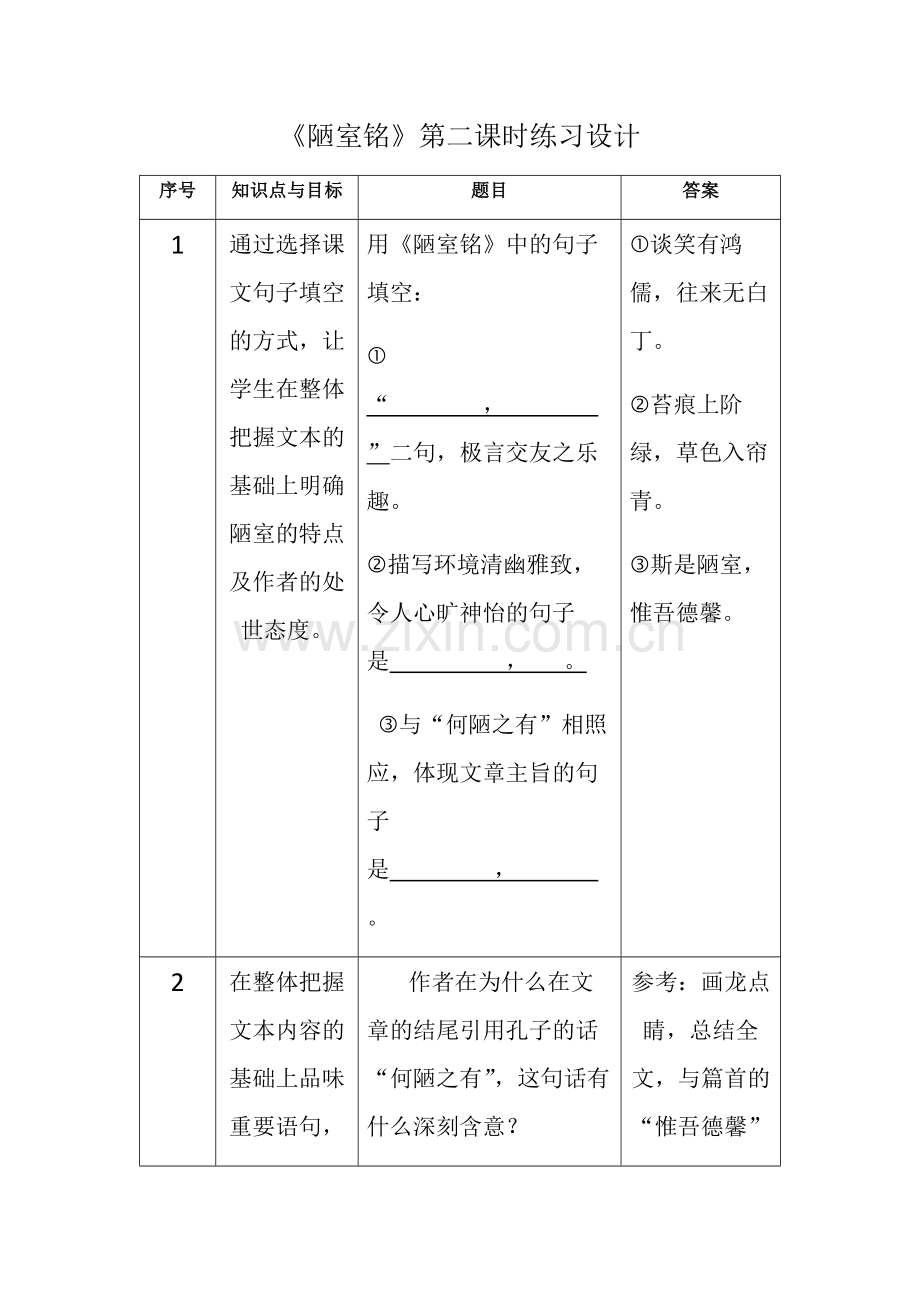 (部编)初中语文人教2011课标版七年级下册《陋室铭》第二课时练习设计.docx_第1页