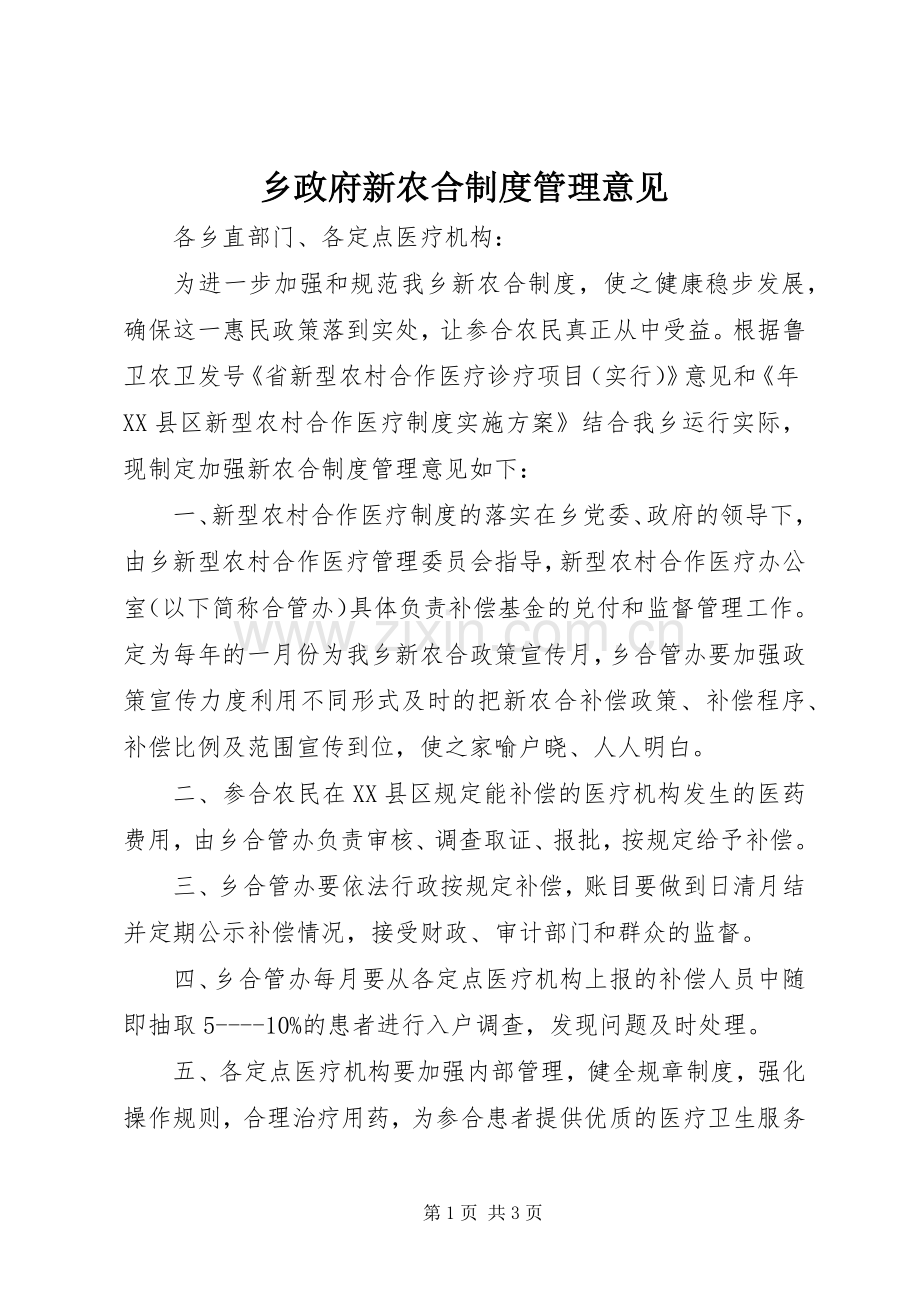 乡政府新农合规章制度管理意见.docx_第1页