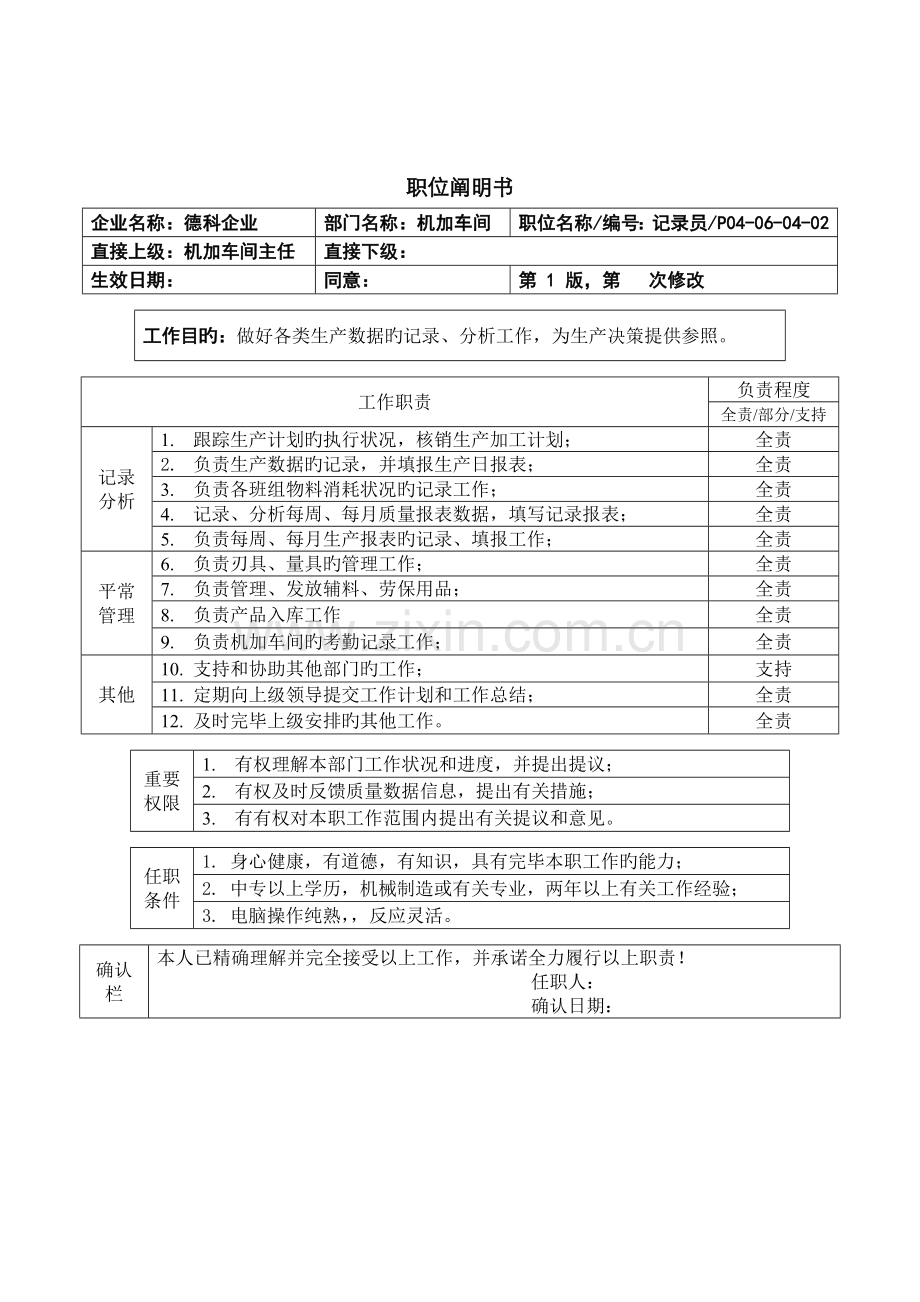 2022年职位说明书机加统计员.doc_第1页