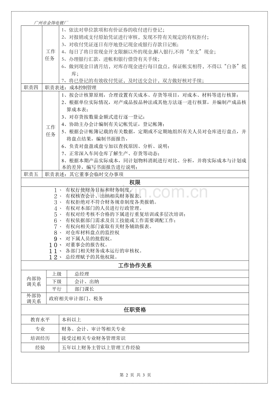 广州市金饰电镀厂财务主管职务说明书.doc_第2页