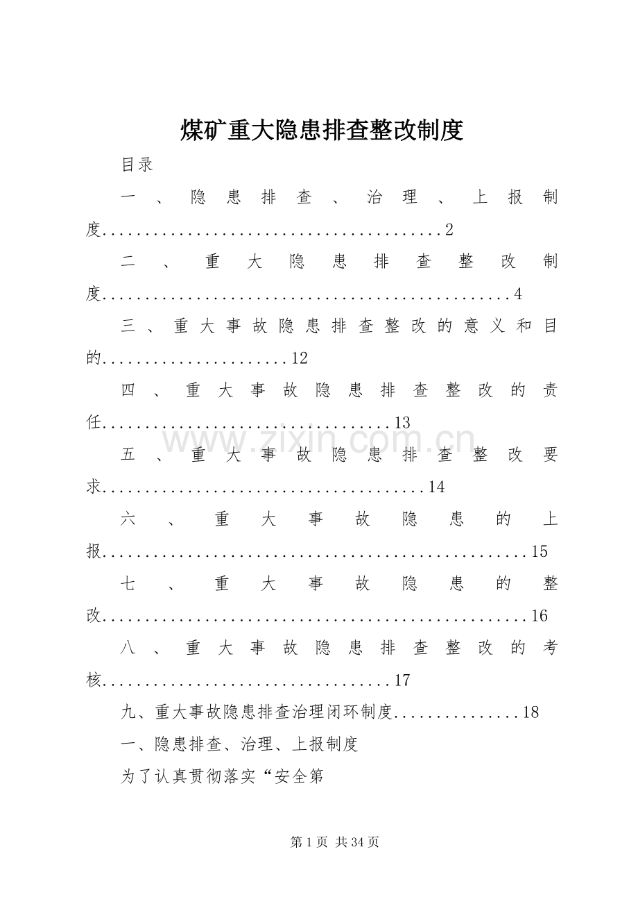 煤矿重大隐患排查整改规章制度.docx_第1页