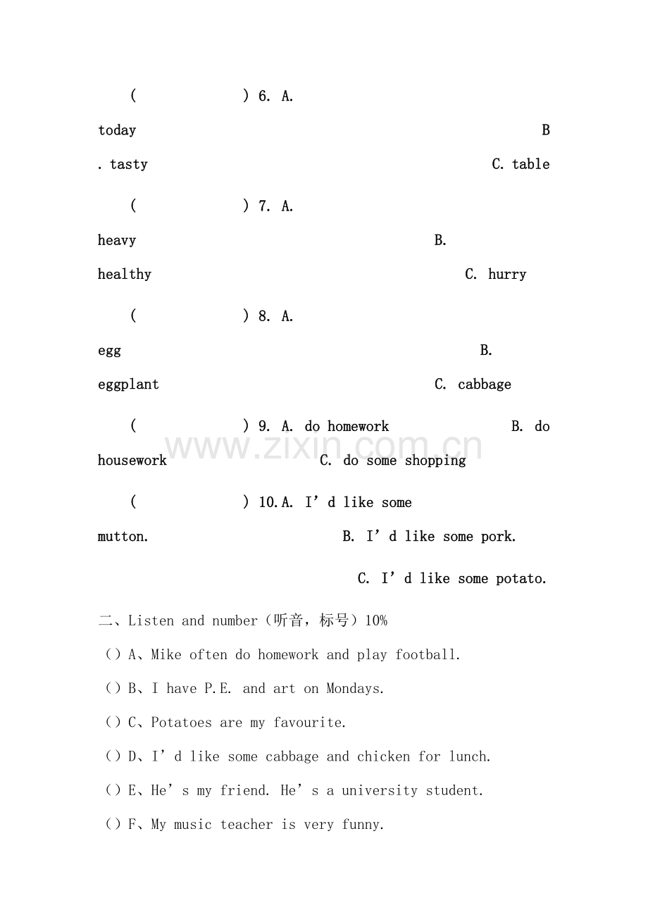 PEP小学英语五年级上册期中试题.doc_第2页