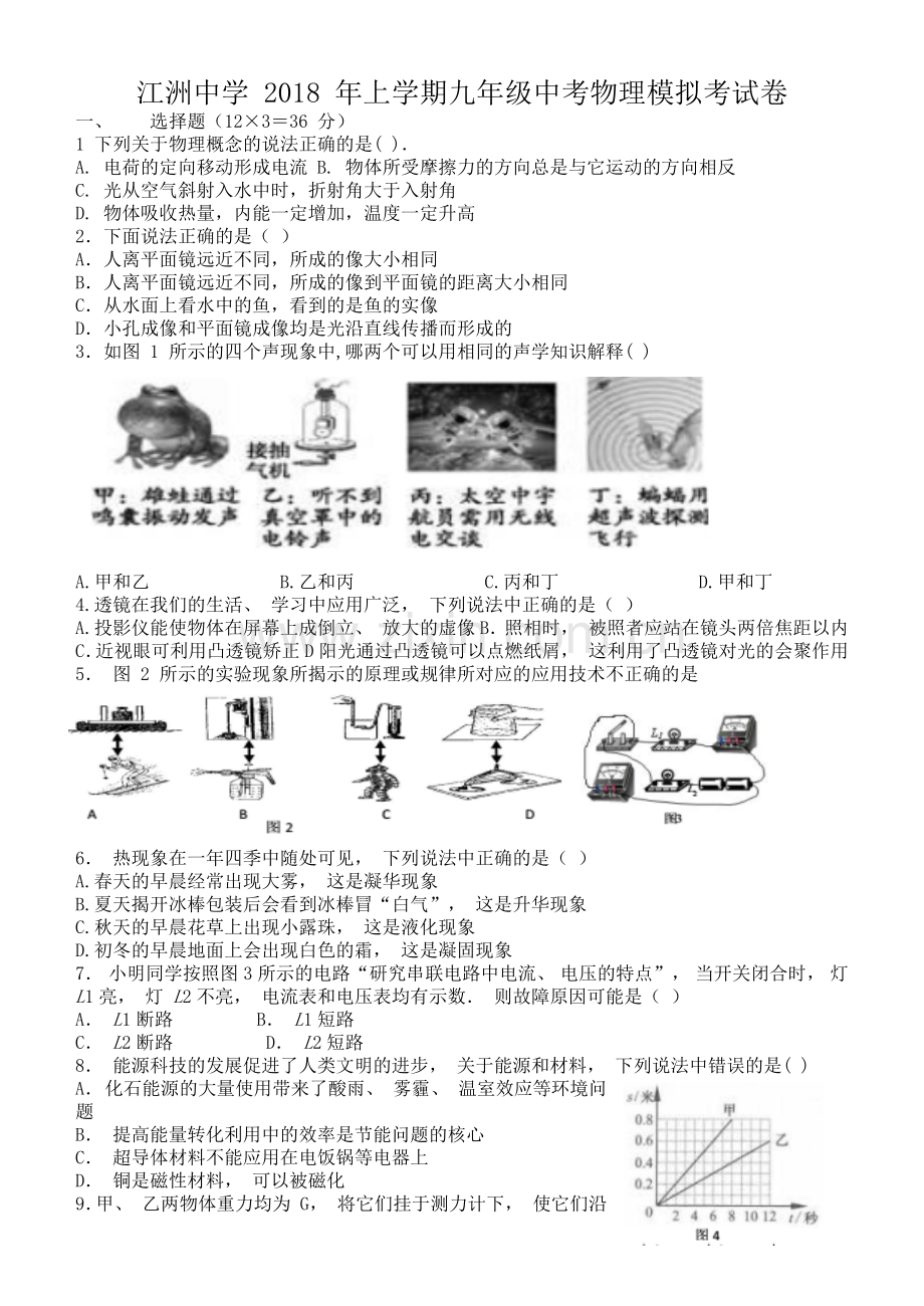 江洲中学-2018-年上学期九年级中考物理模拟考试卷(岳九转换).docx_第1页