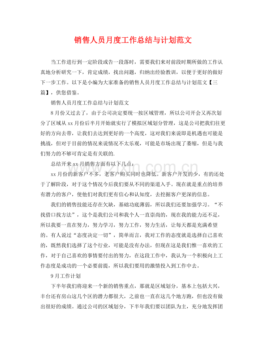 销售人员月度工作总结与计划范文 .docx_第1页