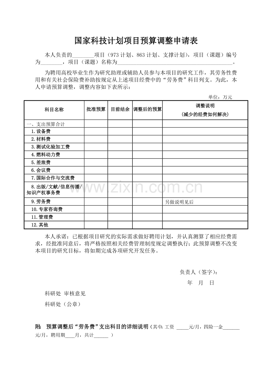 国家科技计划项目预算调整申请表.doc_第1页