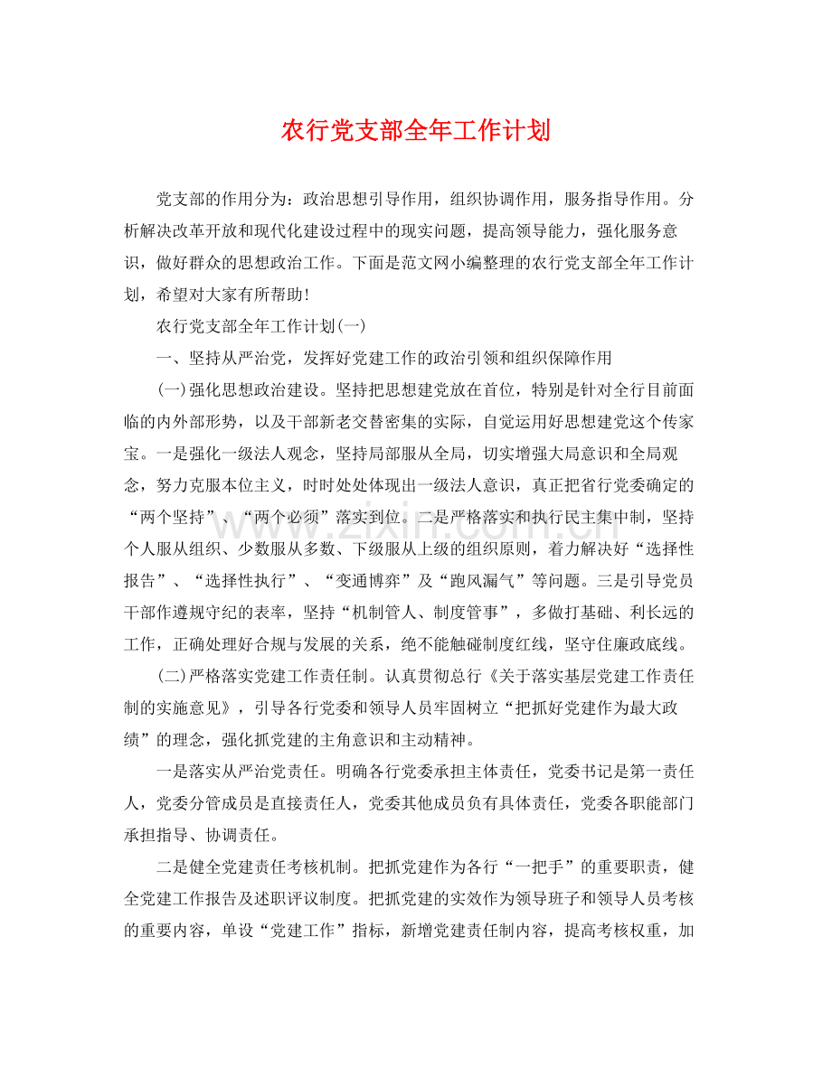 农行党支部全年工作计划 .docx_第1页