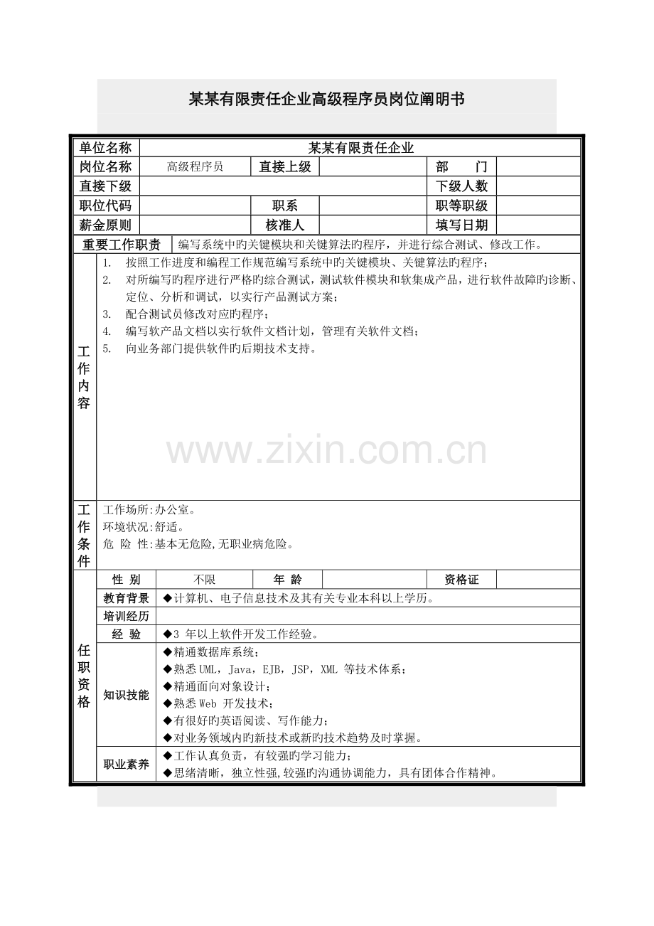 2022年高级程序员岗位说明书.doc_第1页