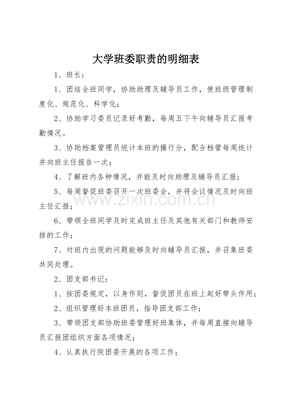 大学班委职责要求的明细表 .docx_第1页