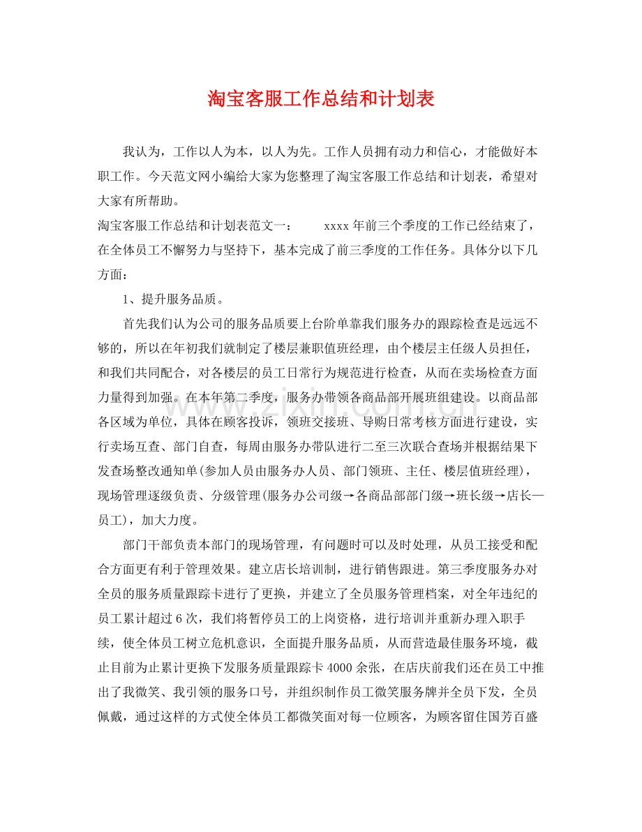 淘宝客服工作总结和计划表 .docx_第1页