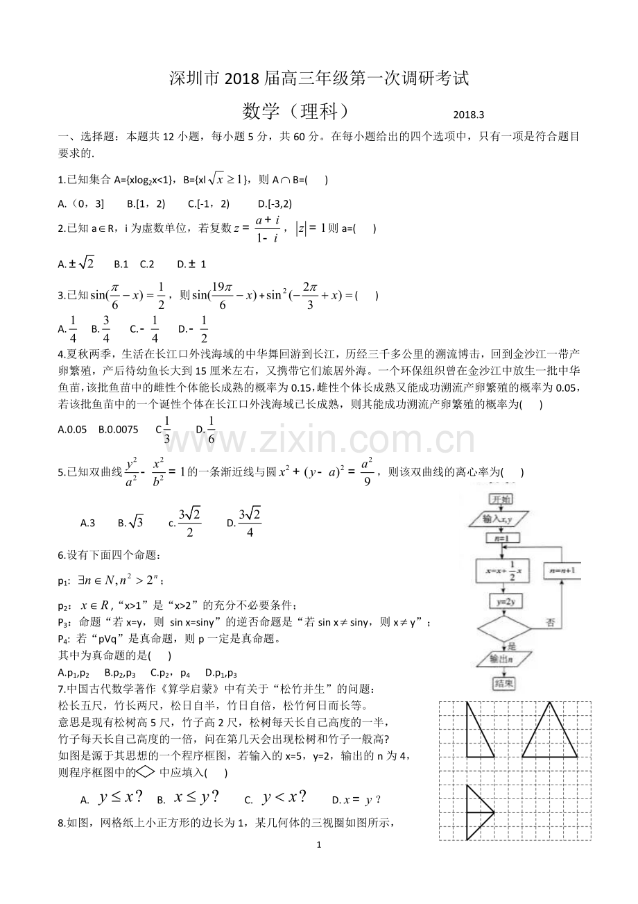 深圳市2018届高三年级第一次调研考试理科数学试题(有答案).doc_第1页