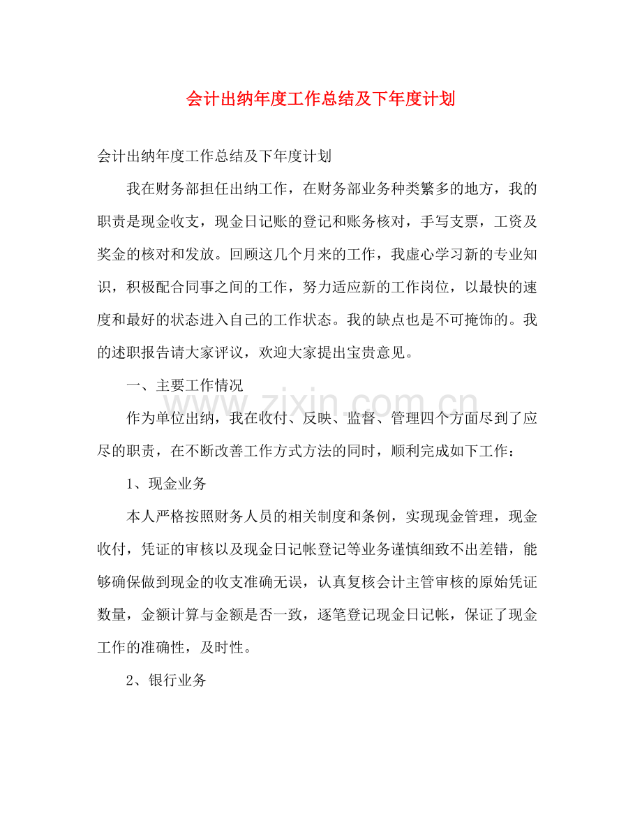 会计出纳年度工作总结及下年度计划 .docx_第1页