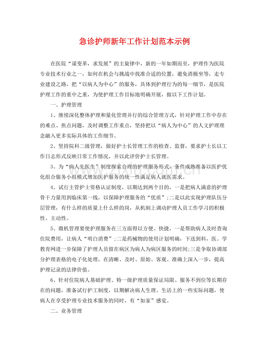 急诊护师新年工作计划范本示例 .docx_第1页