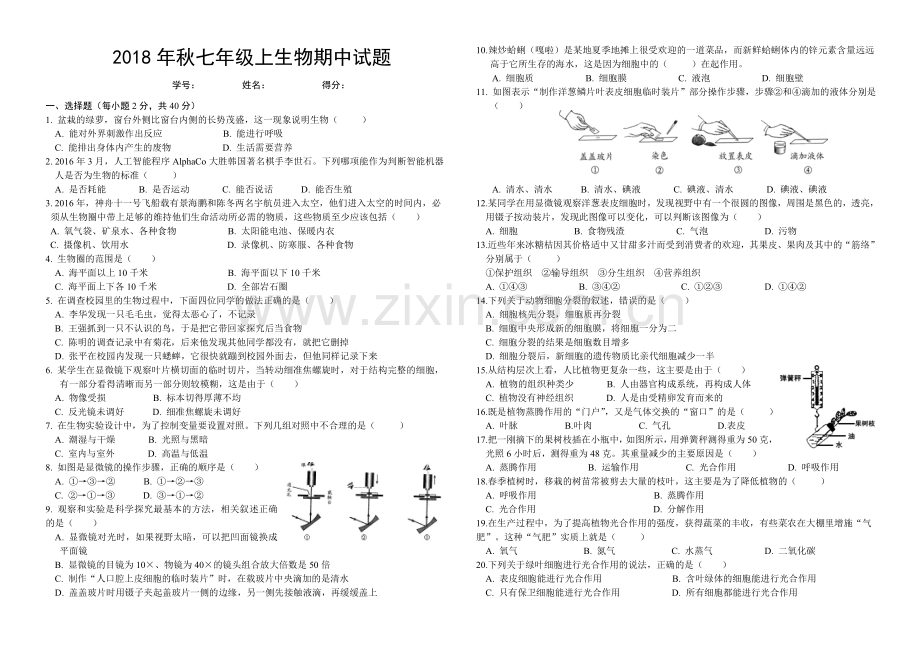 2018年秋七年级上册生物期中试题.doc_第1页