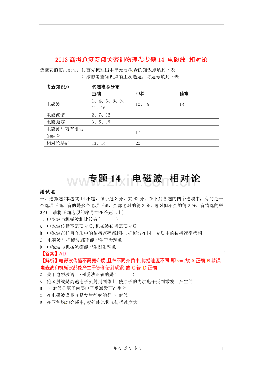 2013高考物理总复习闯关密训卷专题14-电磁波-相对论.doc_第1页