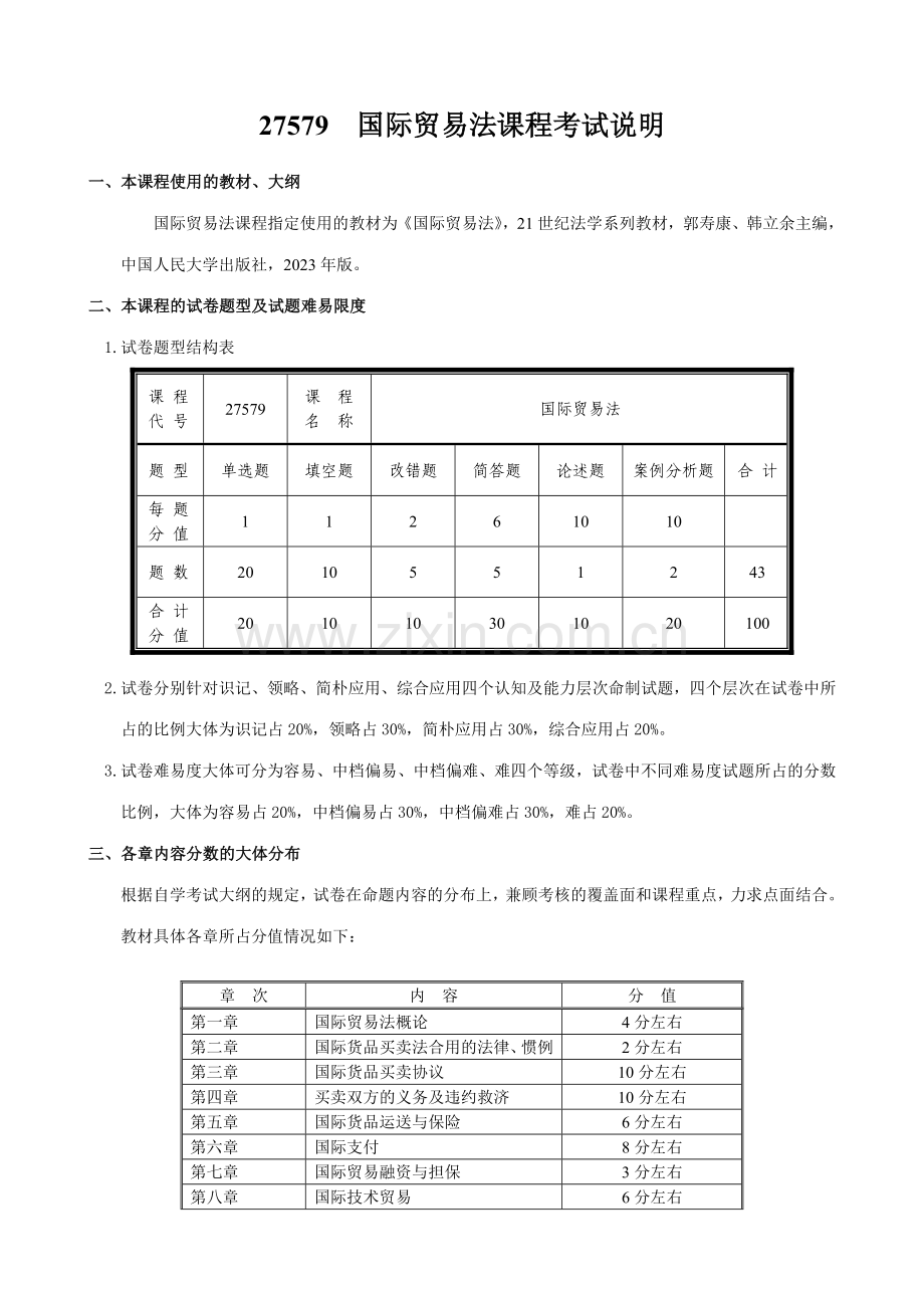 2023年国际贸易法课程考试说明.doc_第1页