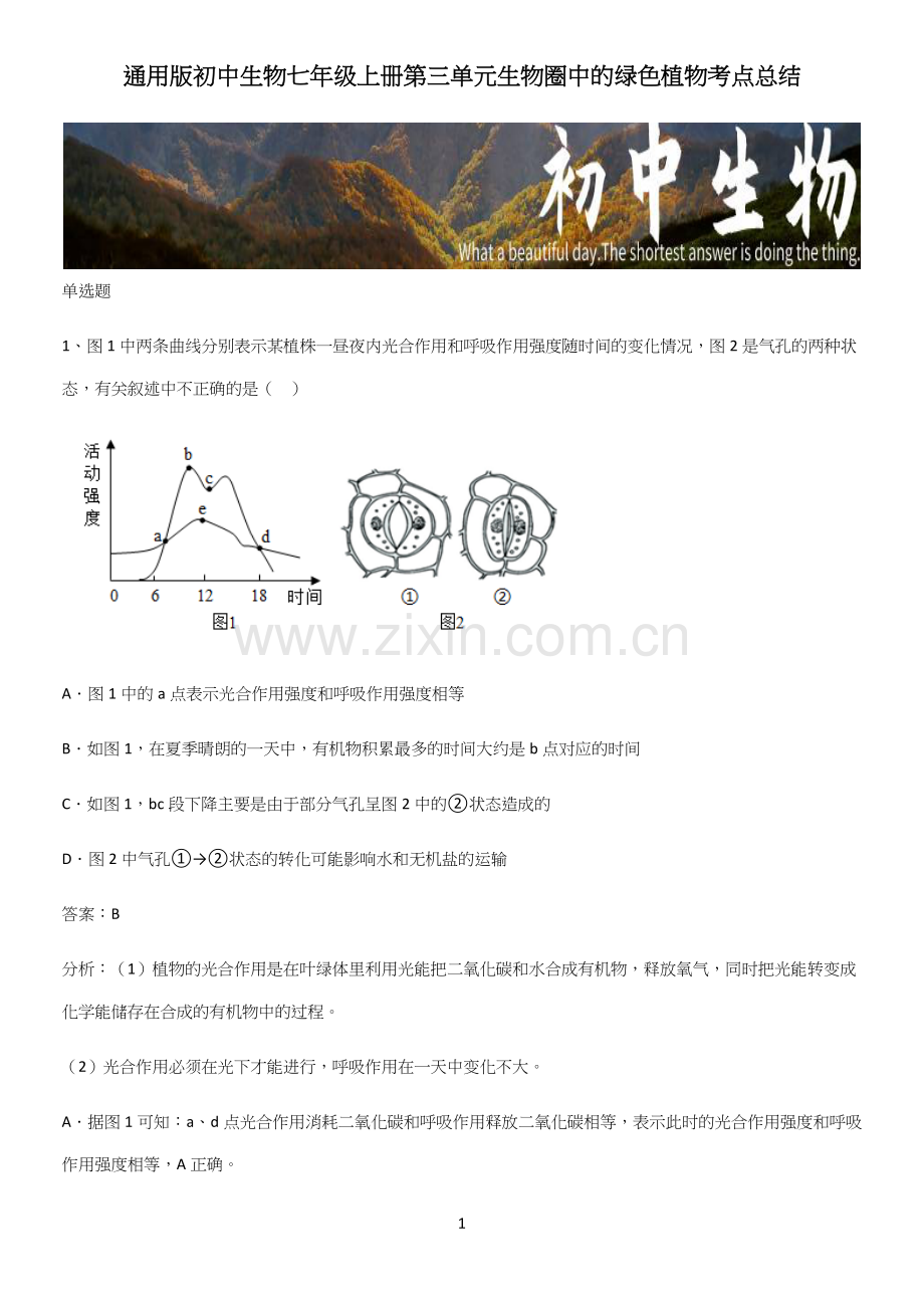 通用版初中生物七年级上册第三单元生物圈中的绿色植物考点总结.docx_第1页