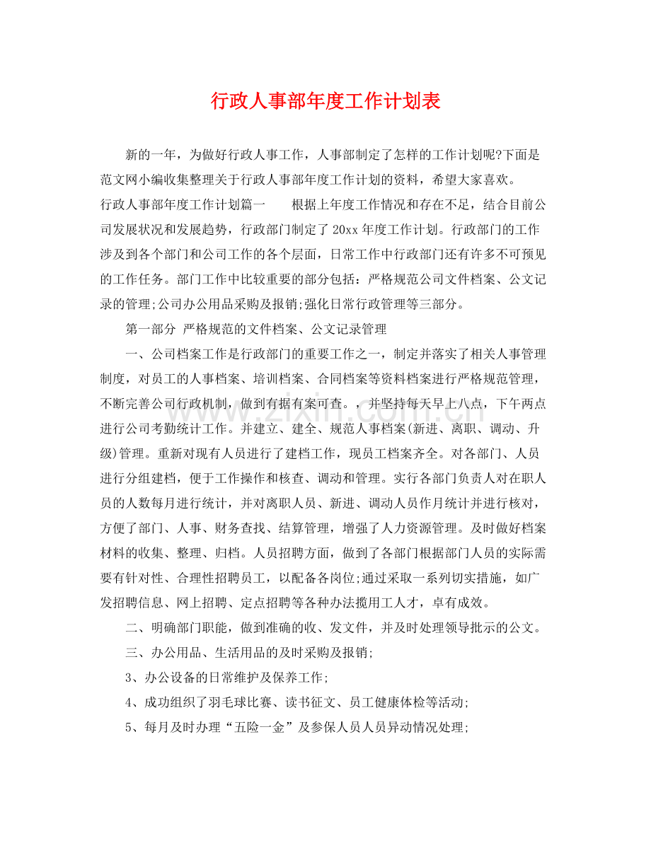 行政人事部年度工作计划表 .docx_第1页