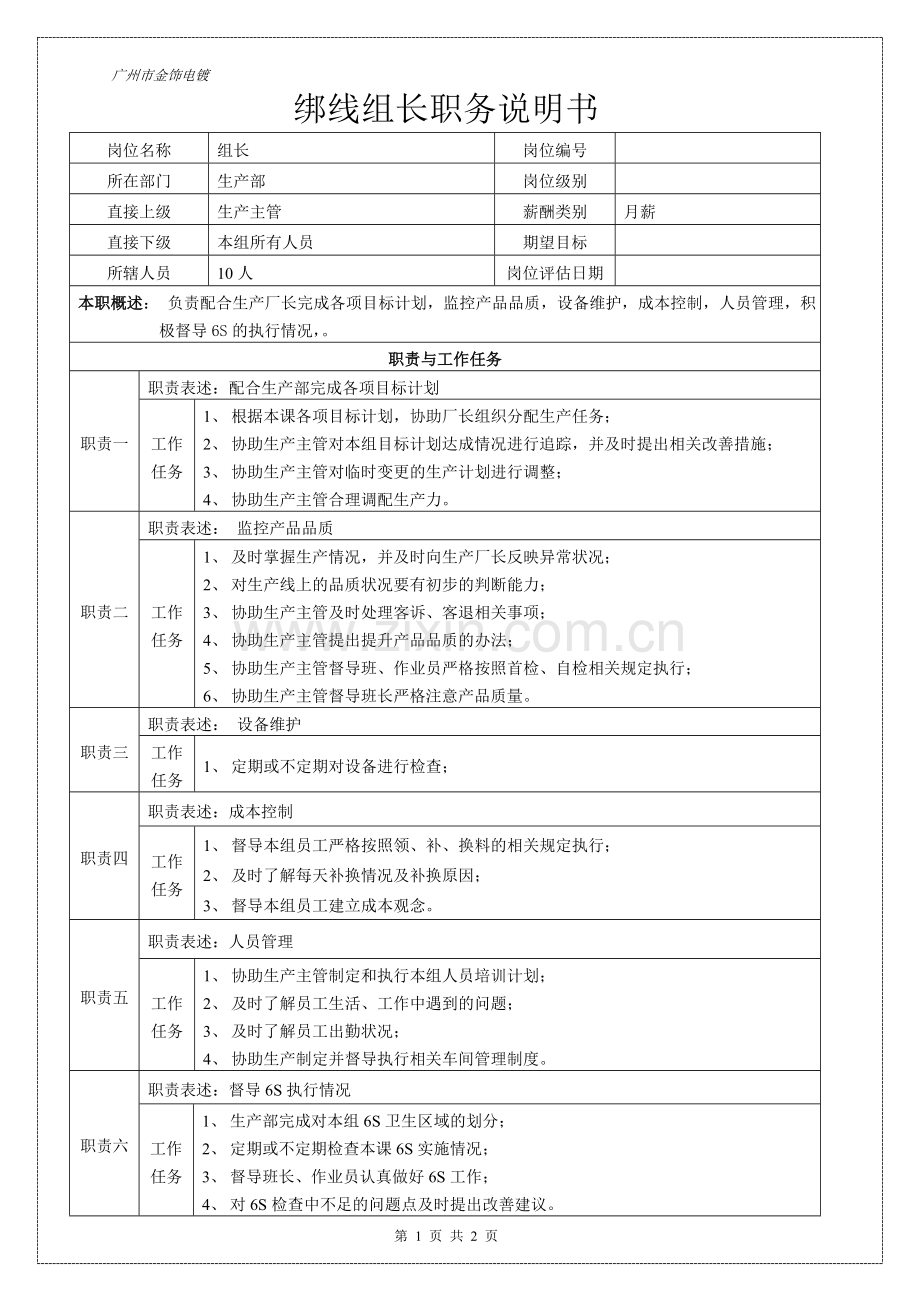 广州市金饰电镀厂绑线组长职务说明书.doc_第1页