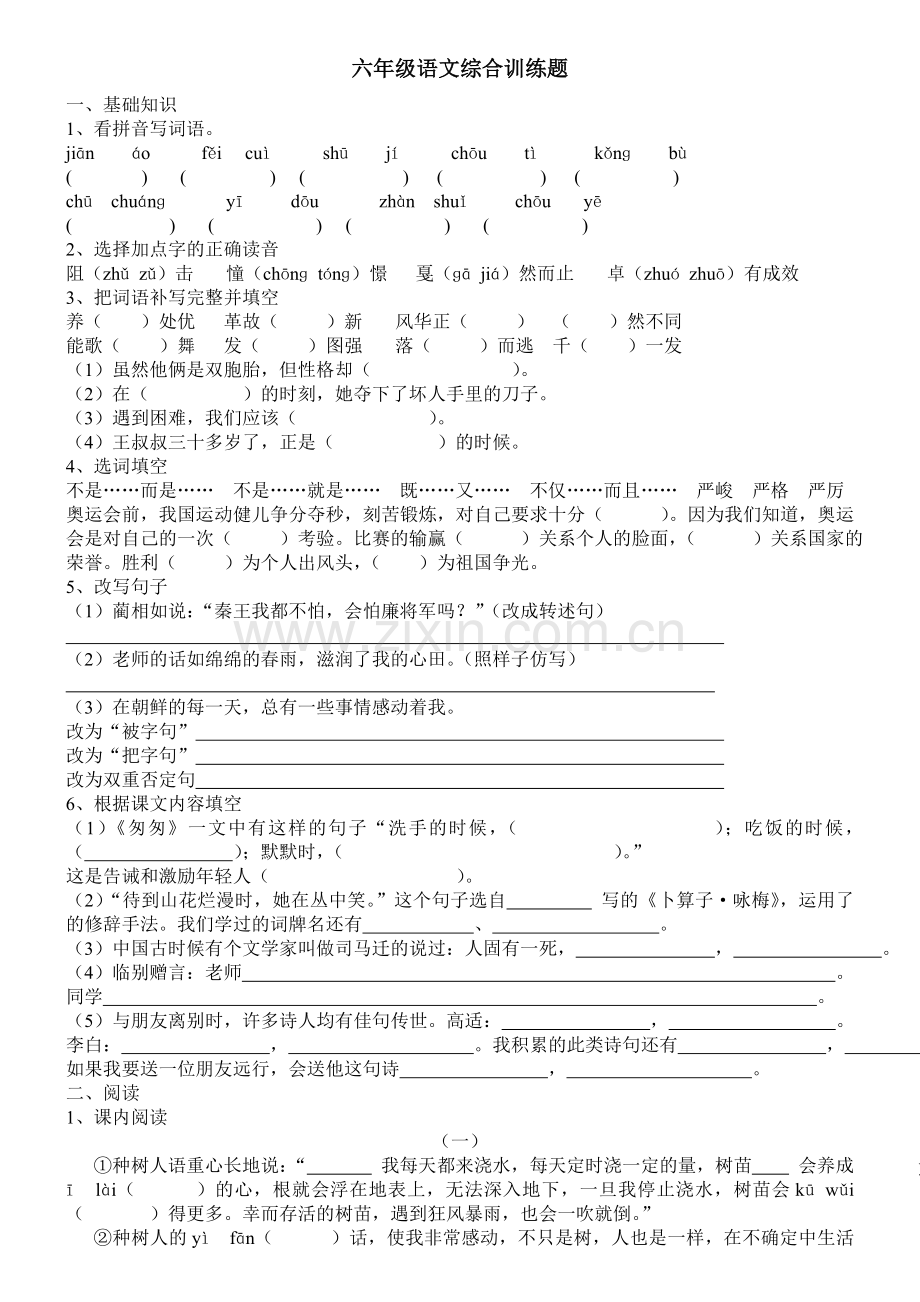 六年级语文综合训练题.doc_第1页