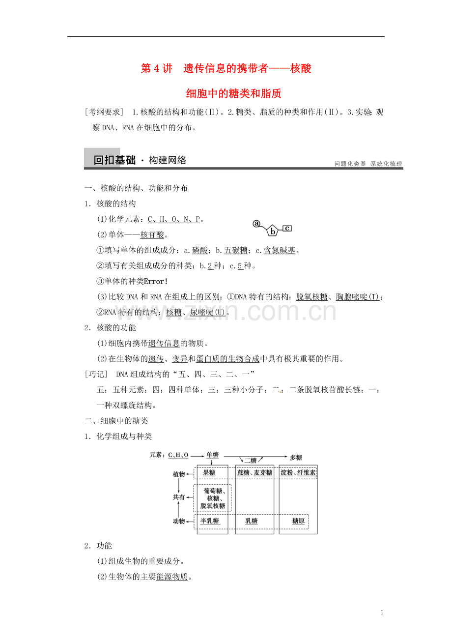 【步步高】2014届高考生物一轮(回扣基础+核心突破+命题探究)1.4核酸、细胞中的糖类和脂质教学案-新人教版.doc_第1页