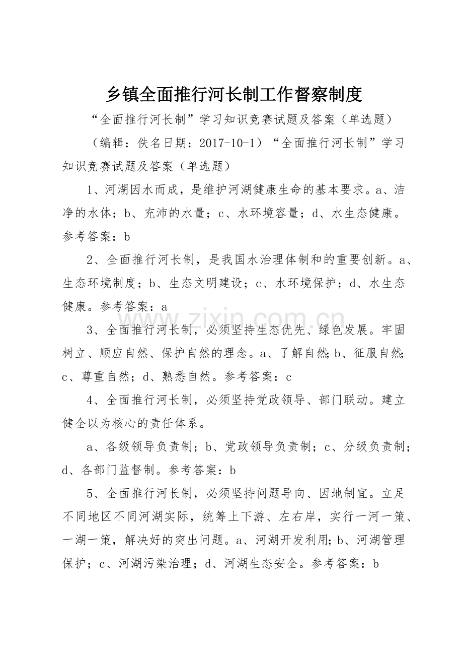 乡镇全面推行河长制工作督察规章制度细则.docx_第1页