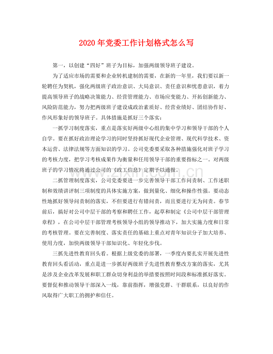 2020年党委工作计划格式怎么写 .docx_第1页