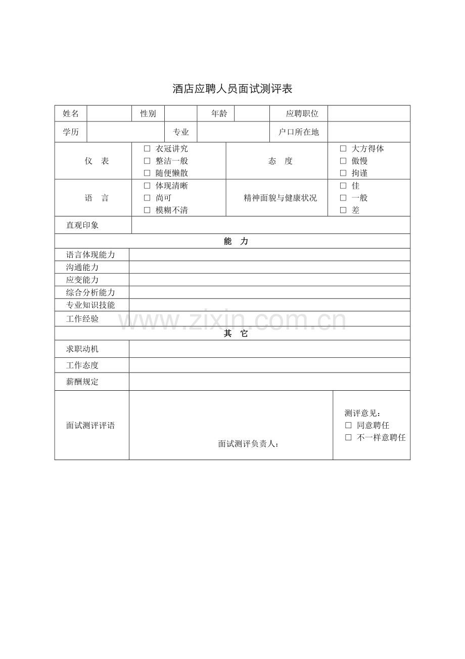 2022年酒店应聘人员面试测评表.doc_第1页