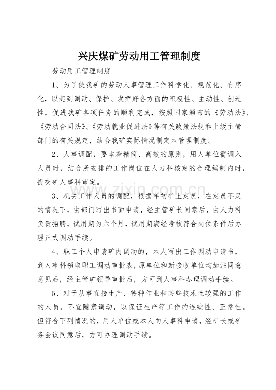 兴庆煤矿劳动用工管理规章制度细则.docx_第1页