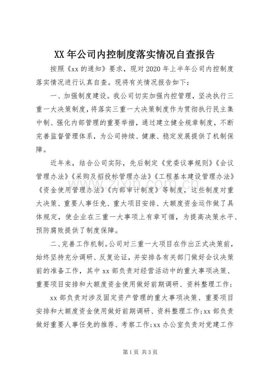 年公司内控规章制度落实情况自查报告.docx_第1页