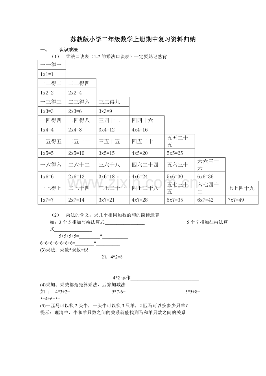 小学二年级数学期中复习题.doc_第1页