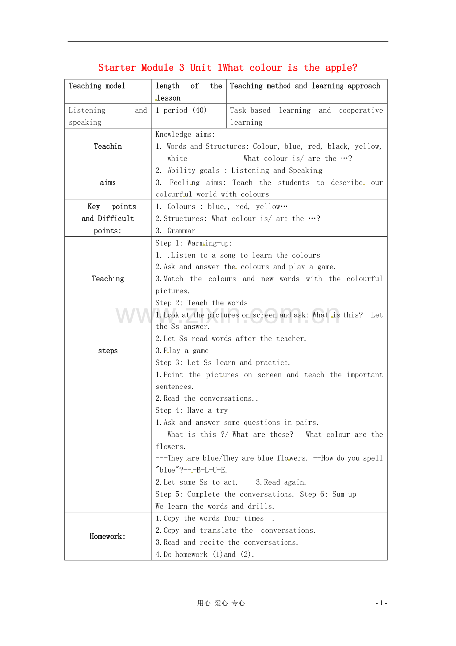 七年级英语上册-预备篇Starter-Module-3-Unit-1-What-colour-is-the-apple教案-外研版.doc_第1页