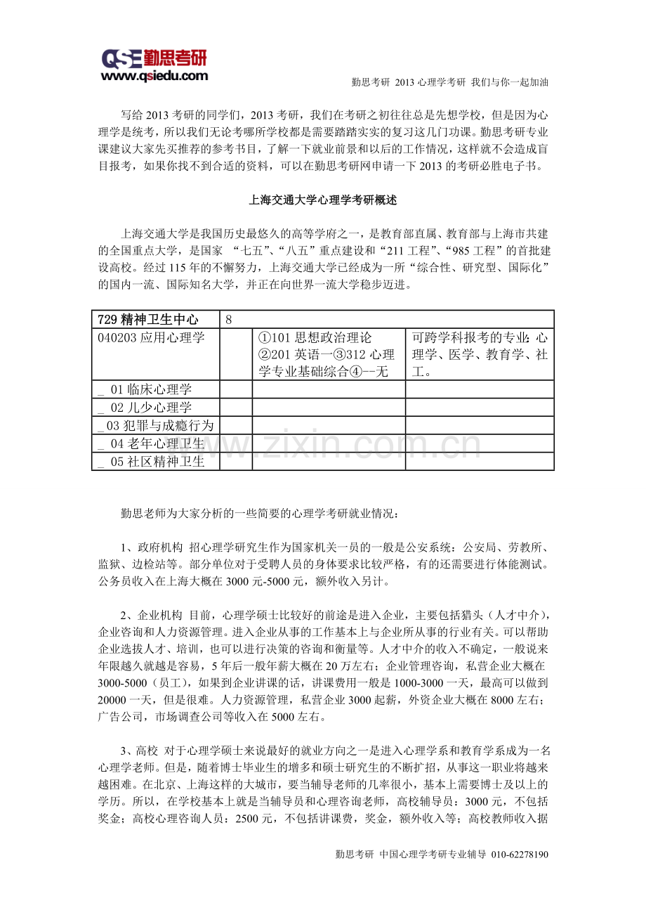 勤思上海交通大学心理学考研介绍.doc_第1页