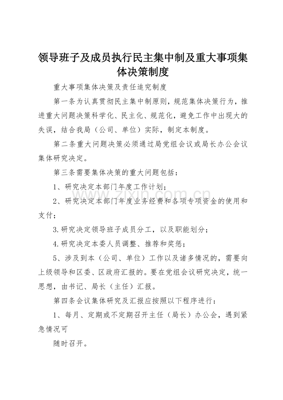 领导班子及成员执行民主集中制及重大事项集体决策规章制度细则.docx_第1页