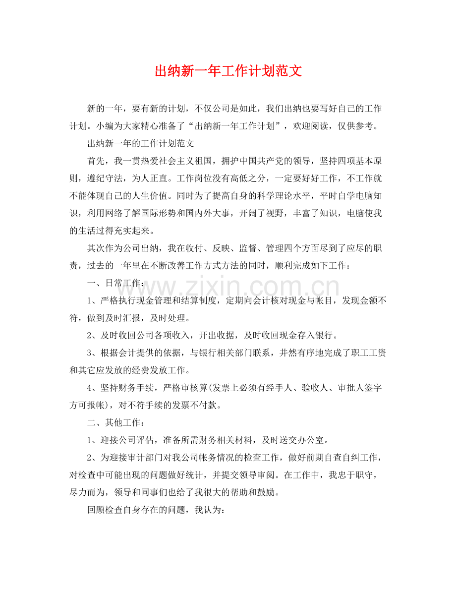 出纳新一年工作计划范文 .docx_第1页