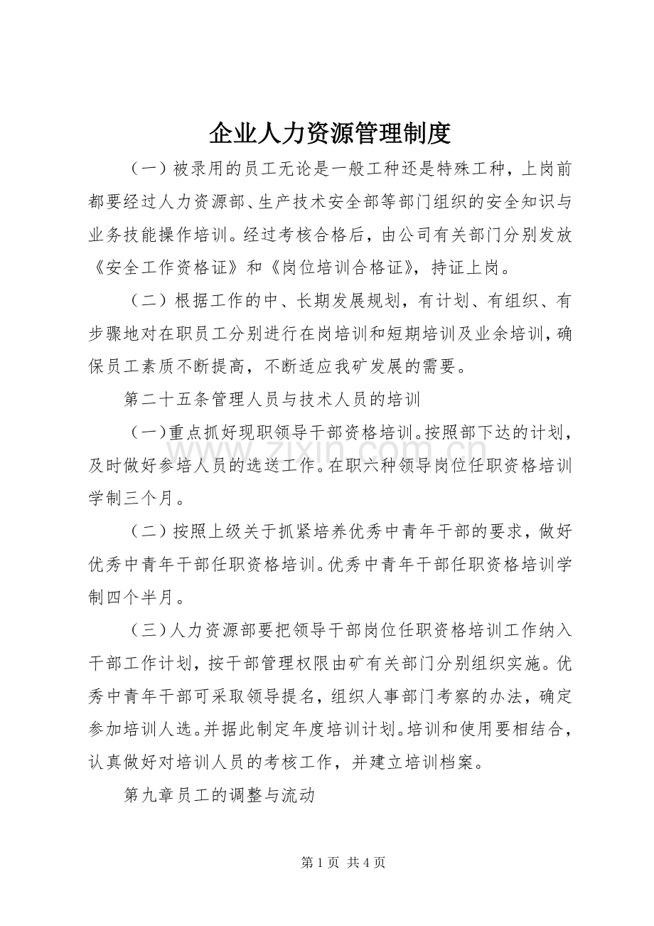 企业人力资源管理规章制度.docx_第1页