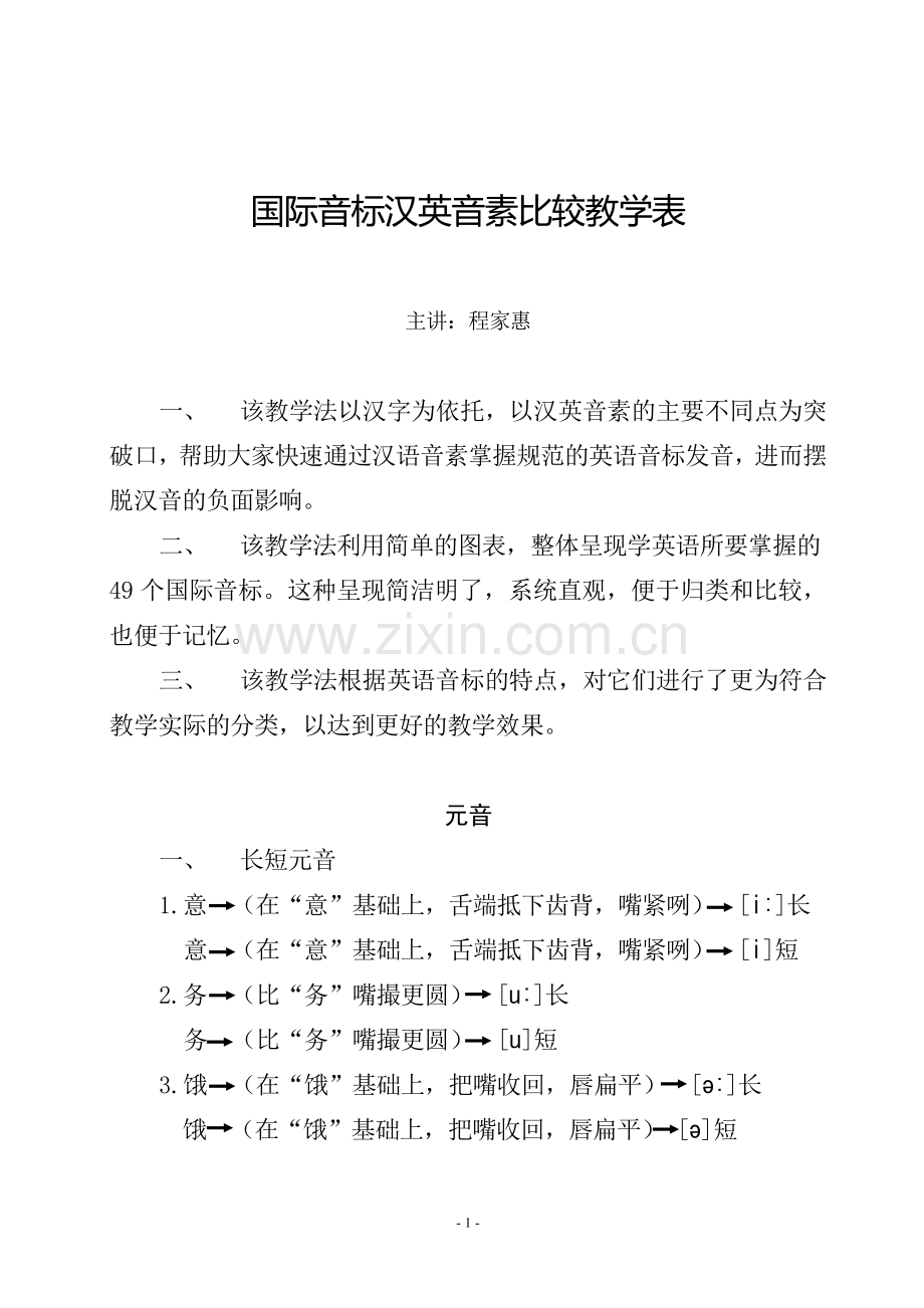 国际音标汉英音素比较教学表.doc_第1页