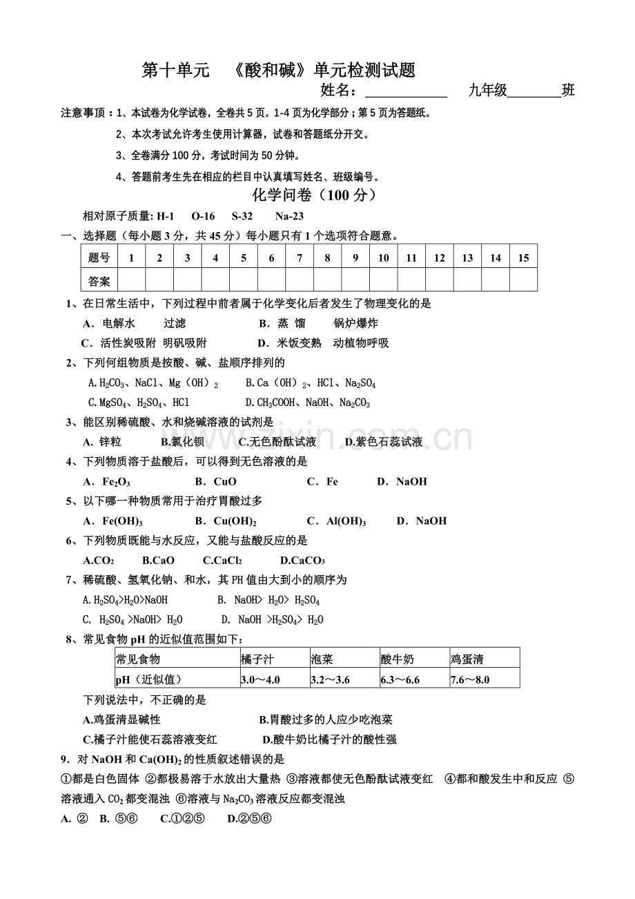 第十单元《酸和碱》单元检测试题.doc_第1页