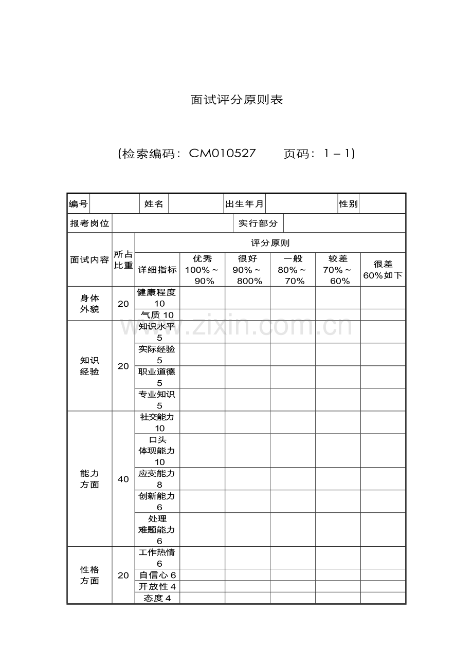 2022年面试评分标准表.doc_第1页